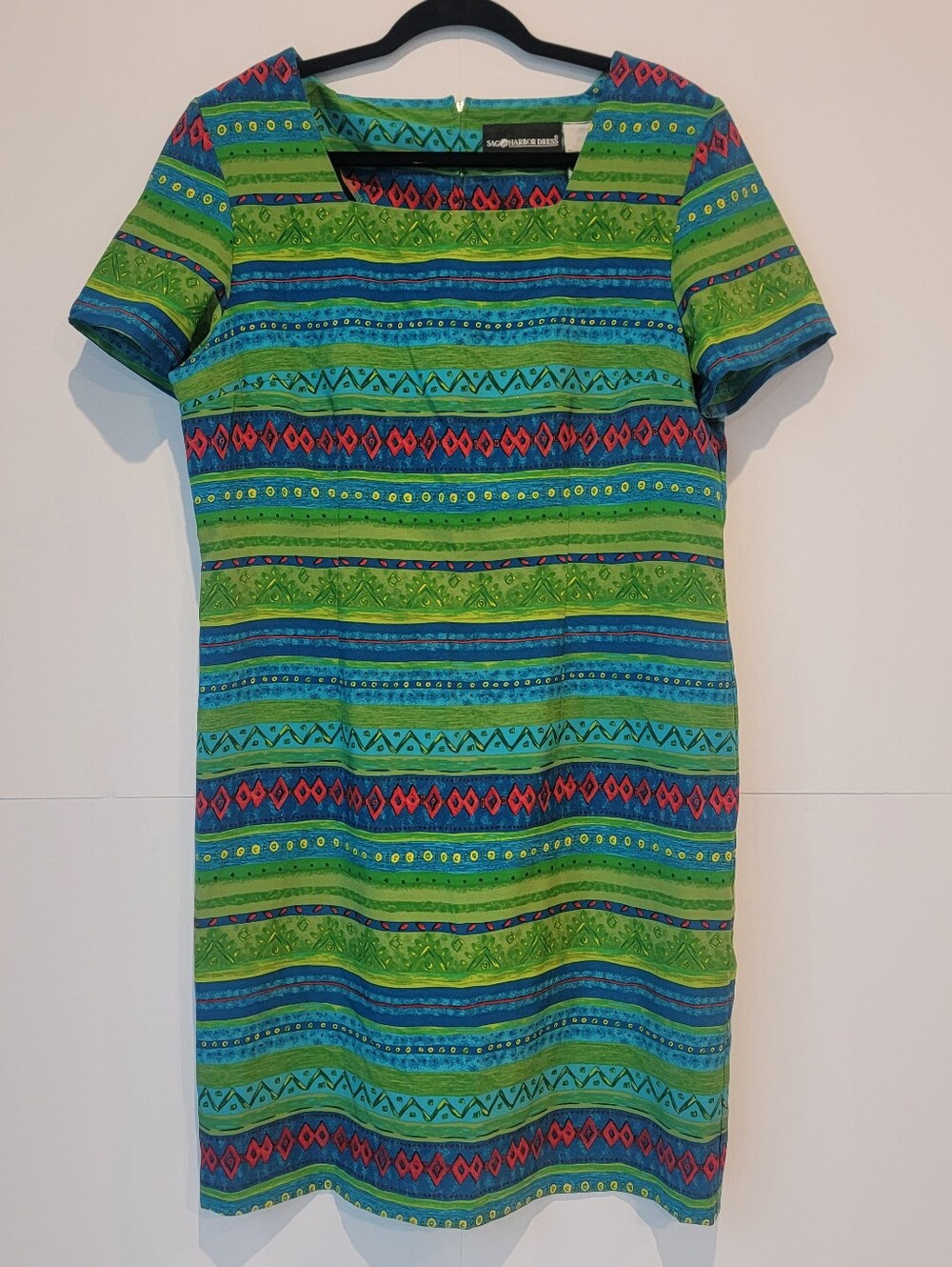 Sag Harbor Dress Size 14 Green Blue Geometric Stripe Vintage